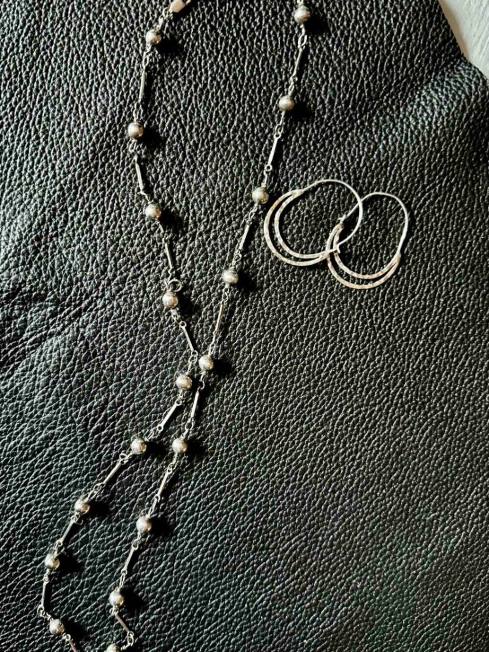 set Vintage Silver Ball&Stick necklace chain + hoop hammered silver earrings 925